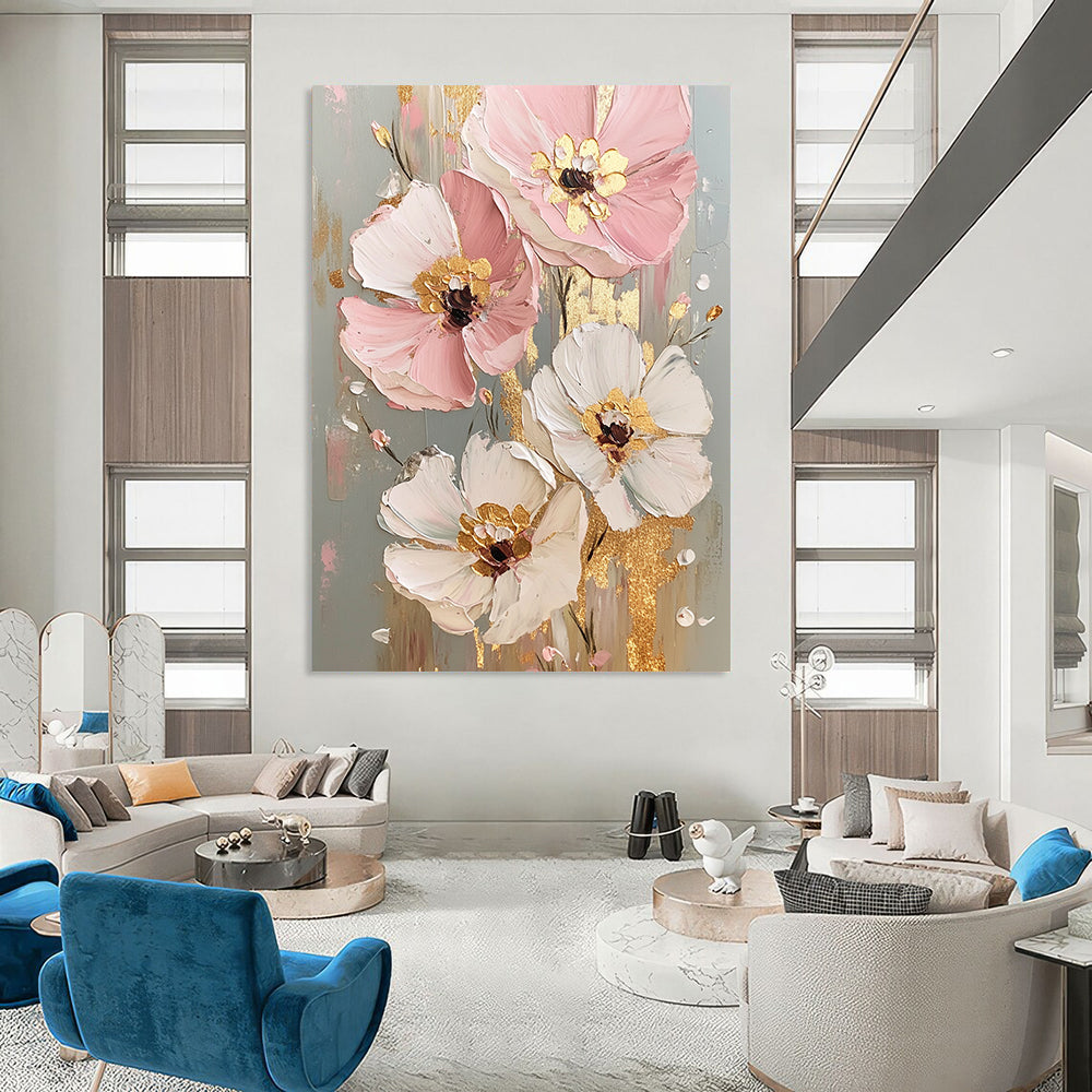 Pink, White, Gold Abstract Floral Art For Bedroom and Dining Room WS437