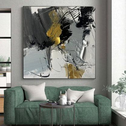 Oversized Abstract Wall Art with Gray, Black, White and Gold Colors, Energetic Abstract Theme HS466