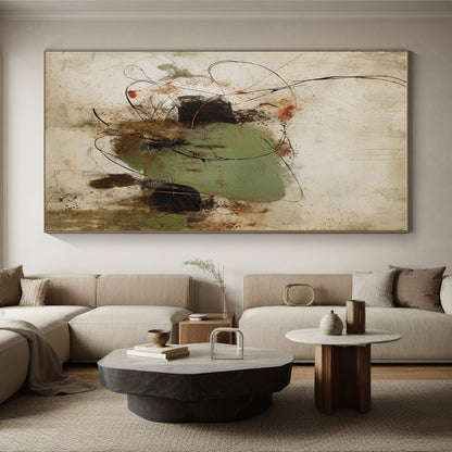 Gaint Canvas Art with Green, Black, Brown and Red Colors, Abstract Dynamic Theme HS500