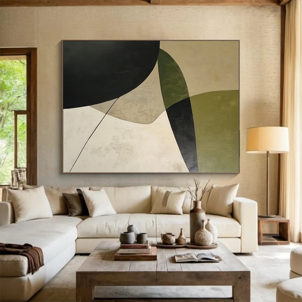 Handmade Art Green, Black, and Beige Geometric Abstract Art HS188