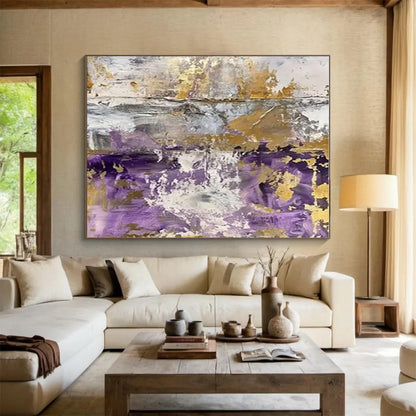 Unique Abstract Art Purple, Gold, and Neutral Textured Abstract Painting HS592