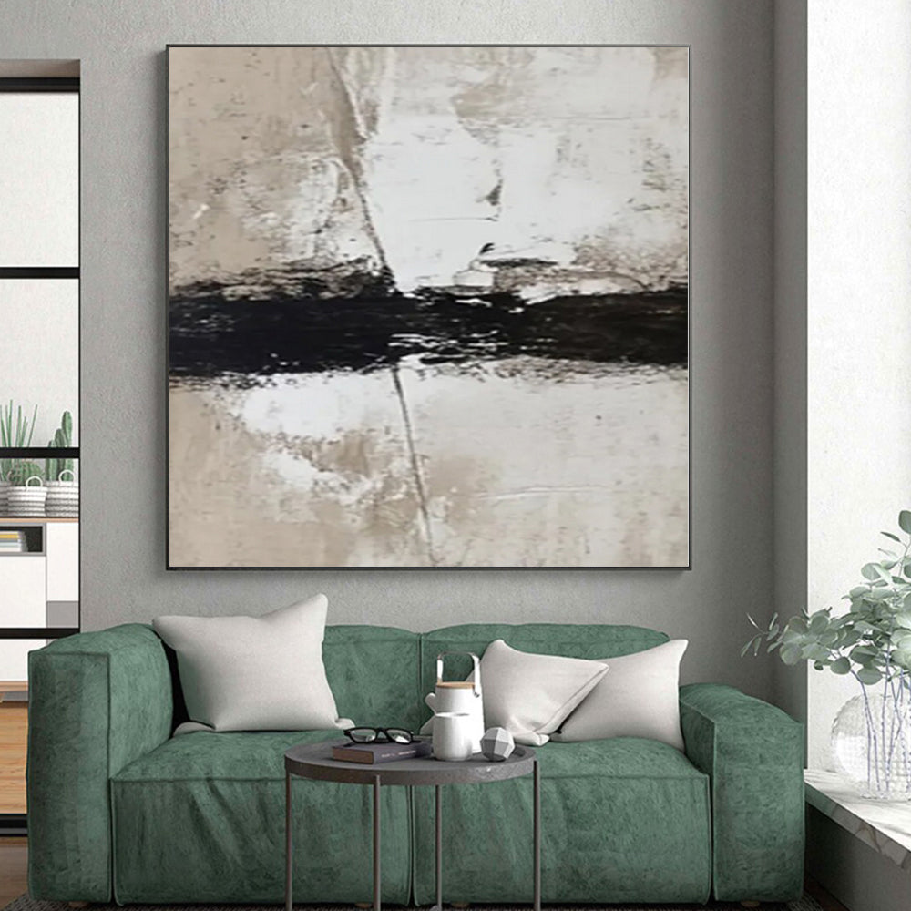 Hand-Painted Black, White, and Beige Minimalist Abstract Painting For Sale HS007