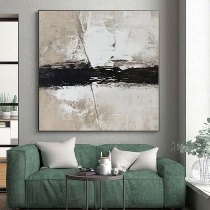 Hand-Painted Black, White, and Beige Minimalist Abstract Painting For Sale HS007
