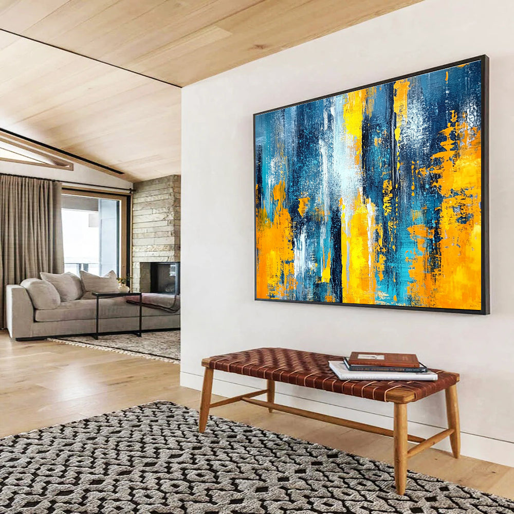 Horizontal Blue, Gray, and Gold Textured Abstract Painting WB266