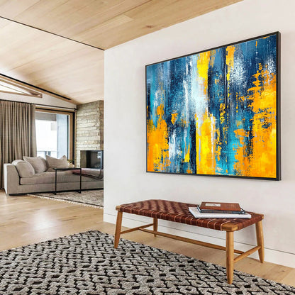 Horizontal Blue, Gray, and Gold Textured Abstract Painting WB266