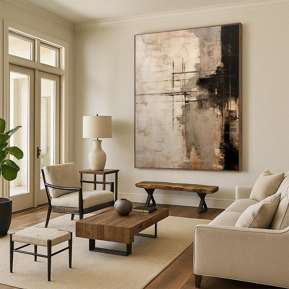 Hand Painted Art Beige & Black Abstract Geometric Composition HS373