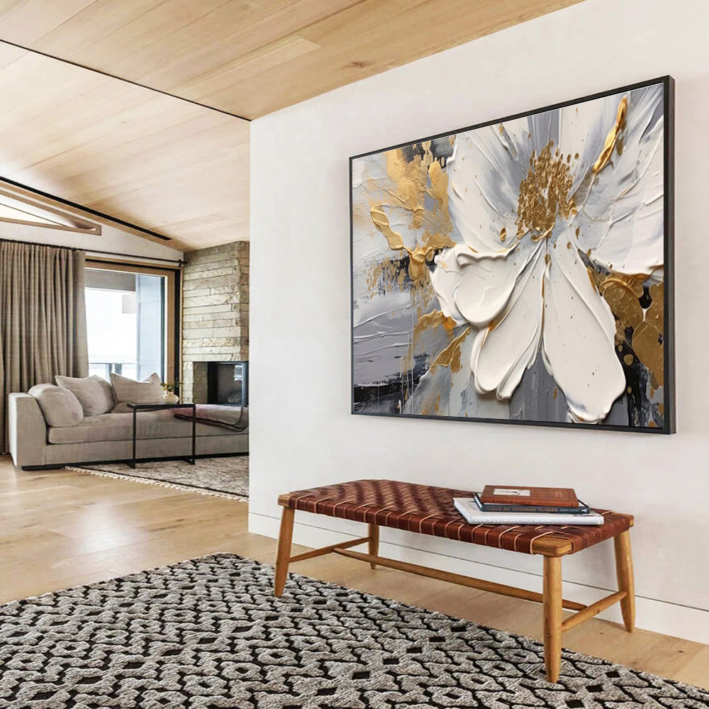 White, Gray, Gold Abstract Floral Art For Sale WB394