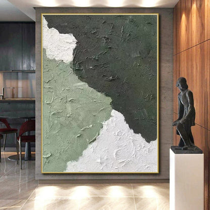 Hand-Painted Green and White Textured Abstract Shape Painting For Sale HS063