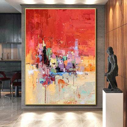 Acrylic Modern Art Paintings Red, Orange, Pink & Multicolor Abstract Cityscape Art HS387