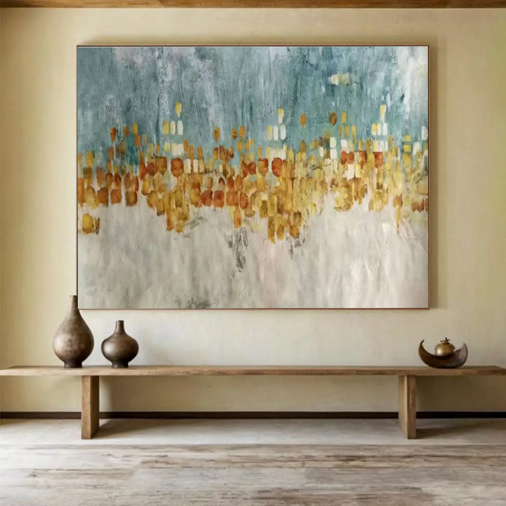 Contemporary Abstract Art: Turquoise and Gold Cityscape Abstract Painting WB367