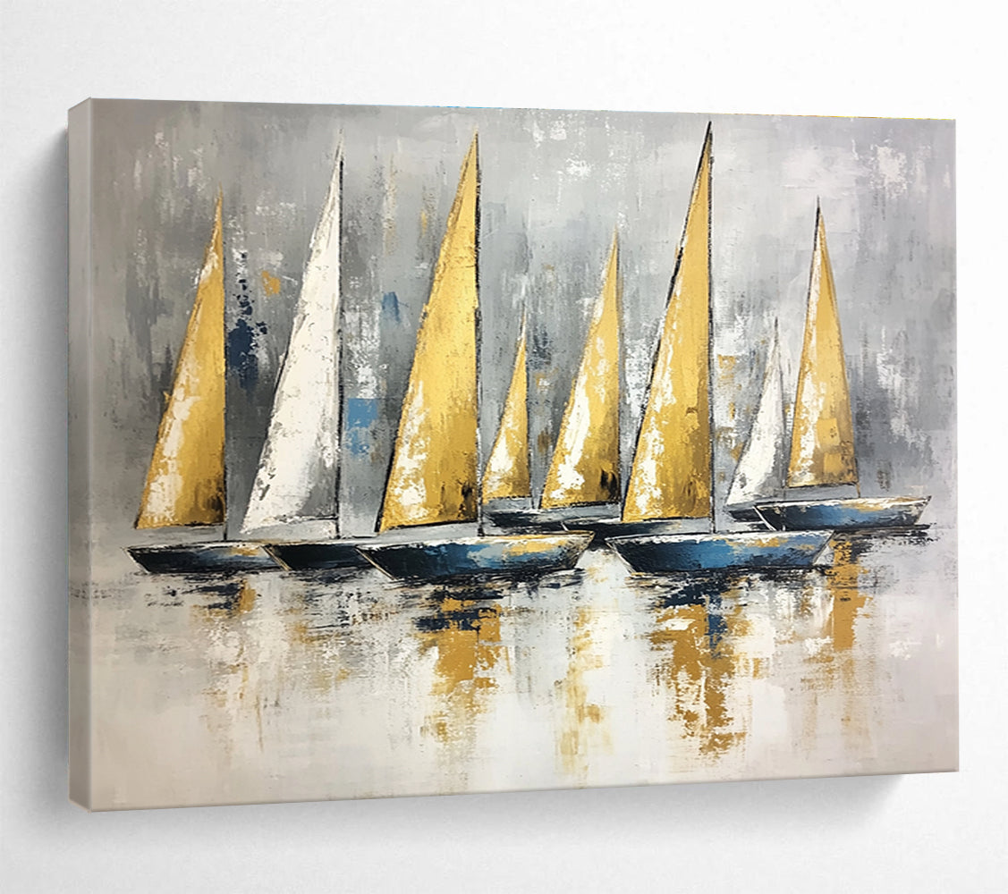 Contemporary Abstract Painting with Gray, Gold and Blue Colors, Sailboat Theme Art WB323