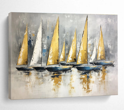 Contemporary Abstract Painting with Gray, Gold and Blue Colors, Sailboat Theme Art WB323