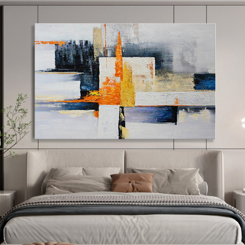 Large Size Orange, Yellow, Blue and White Abstract Geometric Painting WB065