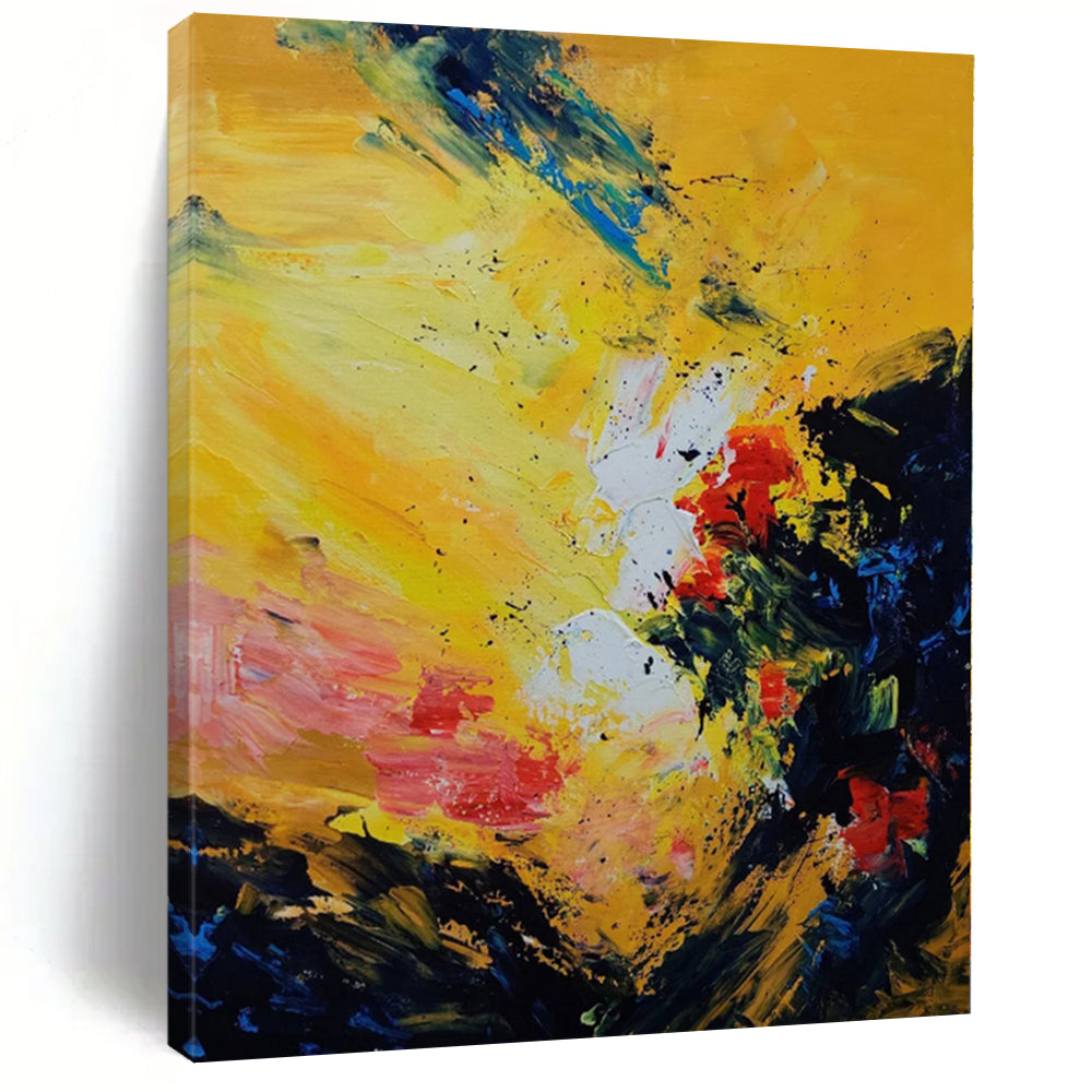 Hand-Painted Yellow, Red, and Blue Abstract Expressive Painting For Sale HS068