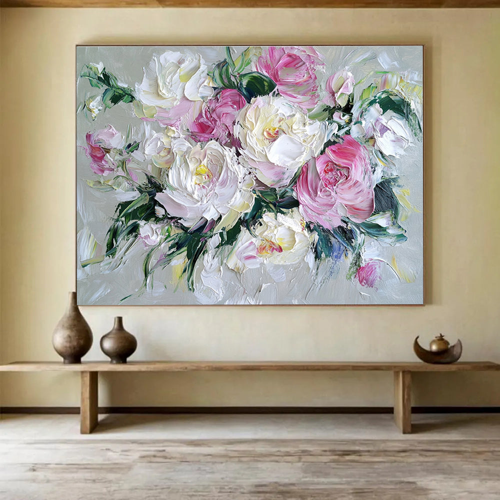 Hand Painted Art with Pink, White and Green Colors, Peony Bouquet Theme Abstract Painting WB321