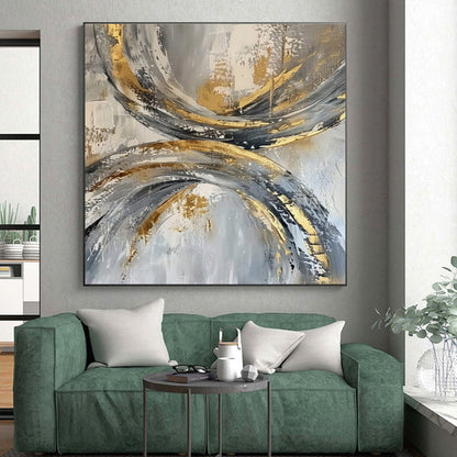 Cool Abstract Paintings Gold, Gray, and Black Circular Abstract Art HS737