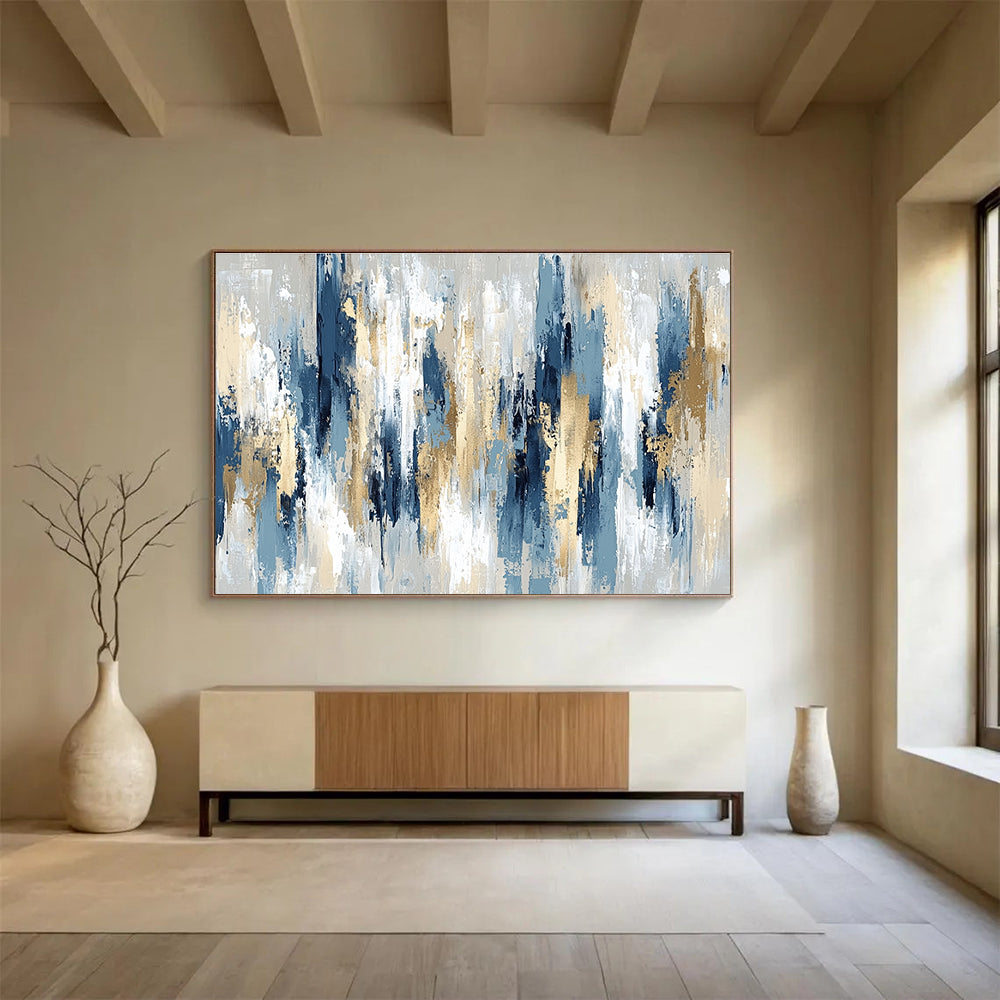 Huge Size Blue, Gold, and Beige Abstract Vertical Textures - Acrylic Painting WB294