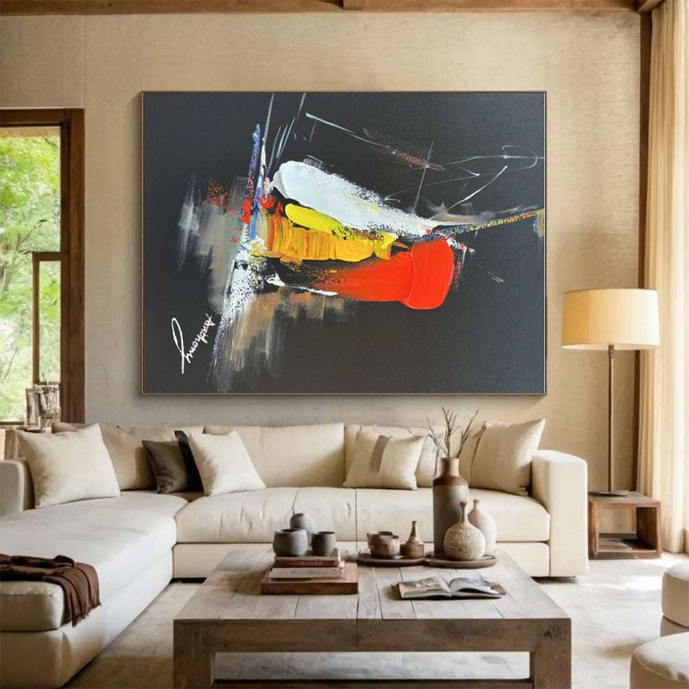 Hand-Painted Art with Red, Yellow, White and Black Colors, Dynamic Abstract Theme on Black Background HS478