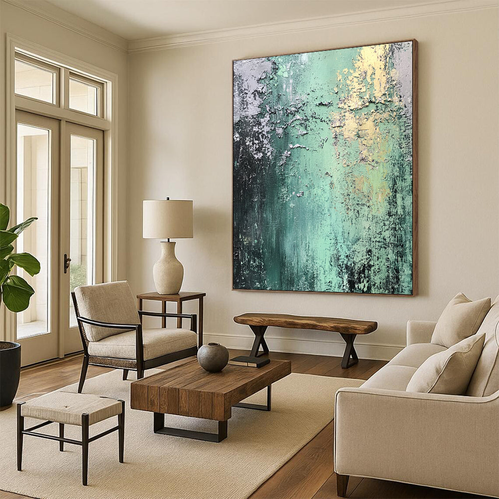 Hand Painted Art Green, Gray, and Gold Textured Abstract Art HS187