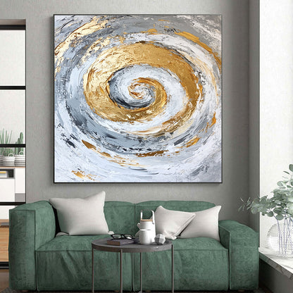 Large Contemporary Wall Art Gray, White, and Gold Abstract Spiral Painting For Sale HS138