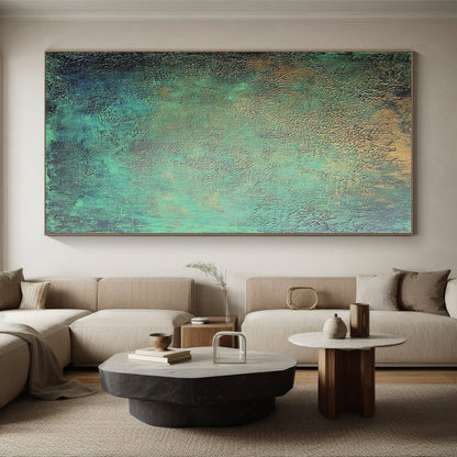 Large Size Teal and Gold Textured Patina Abstract Art HS179