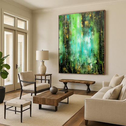 Acrylic Modern Art Paintings Green, Teal, and Gold Textured Abstract Art HS728