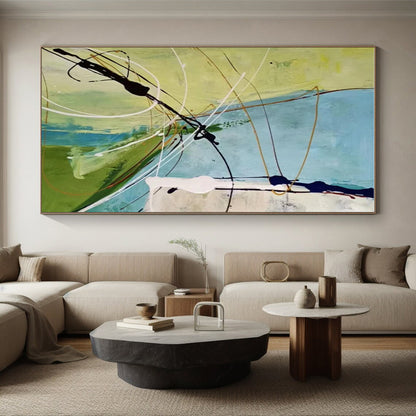 Handmade Art Green, Blue, and Black Dynamic Abstract Painting On Canvas HS797