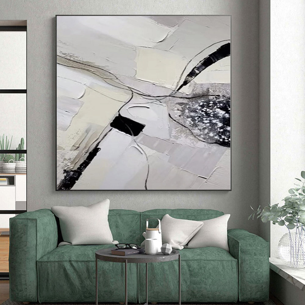 Hand-Painted Gray, White, and Black Abstract Textured Line Painting For Sale HS034