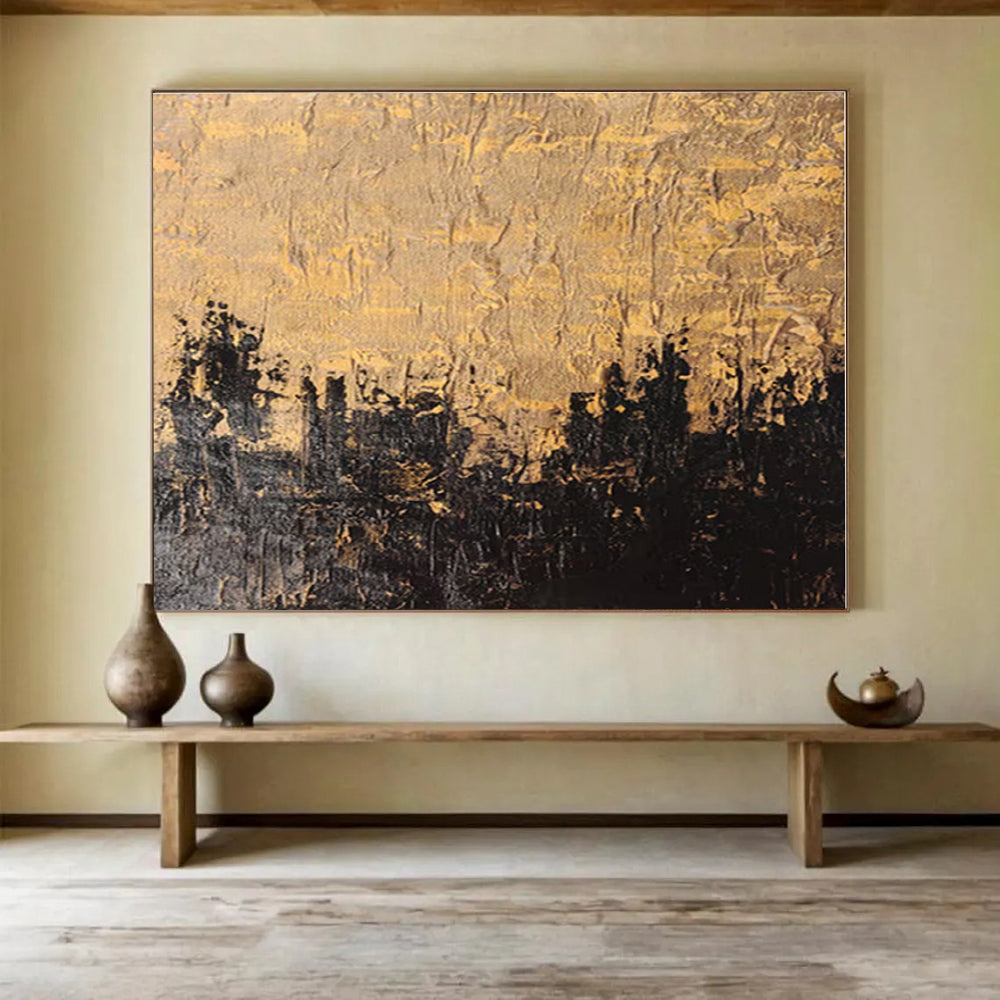 Gold, Black Abstract Textured Cityscape Acrylic Painting WB017
