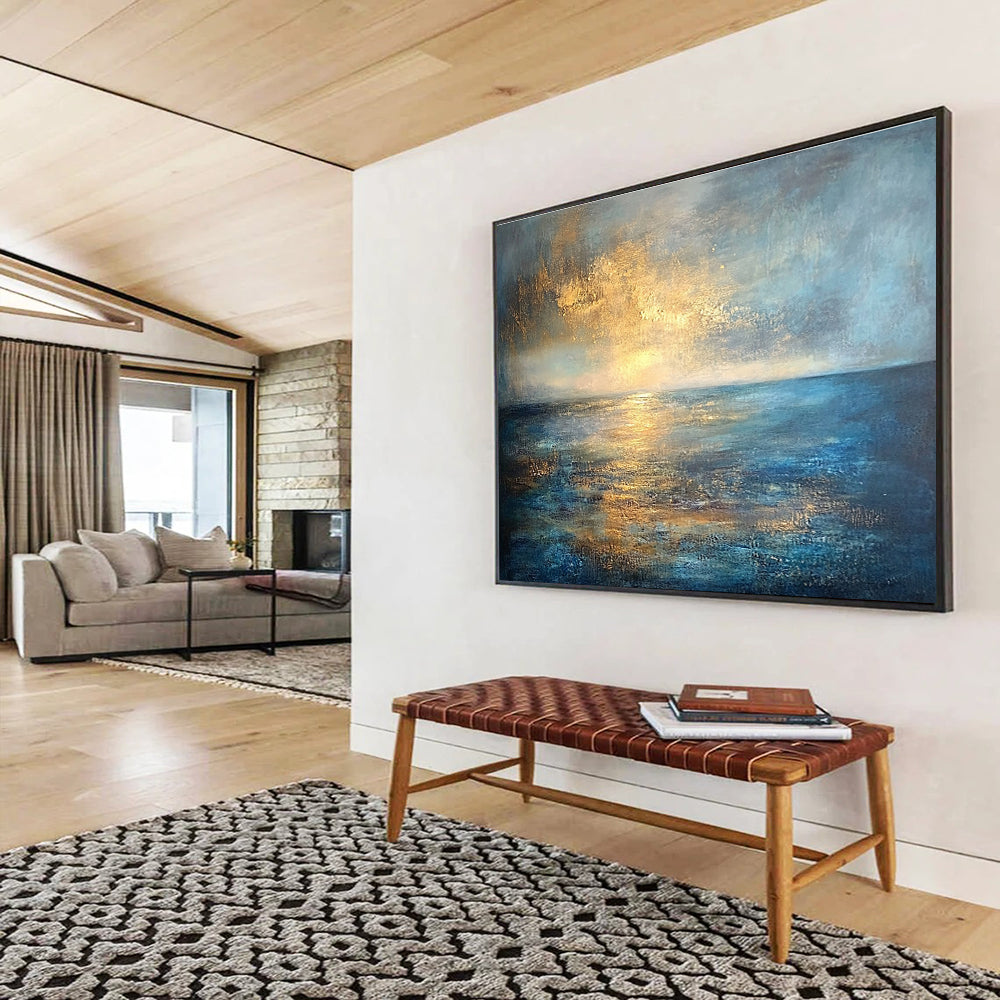Huge Size Blue, Gold, and Gray Abstract Sunset Over Ocean - Acrylic Painting WB288
