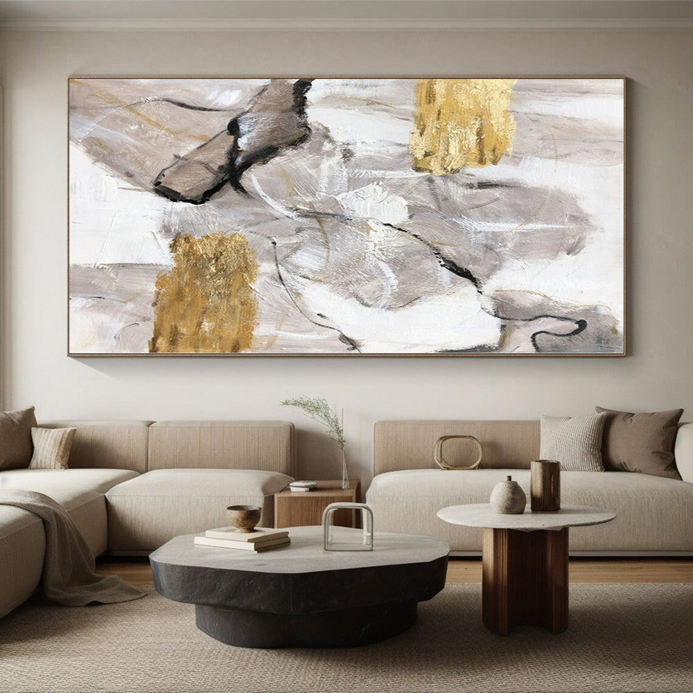 Hand-Painted Gray, White, and Gold Abstract Textured Painting For Sale HS057