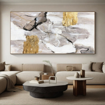 Hand-Painted Gray, White, and Gold Abstract Textured Painting For Sale HS057
