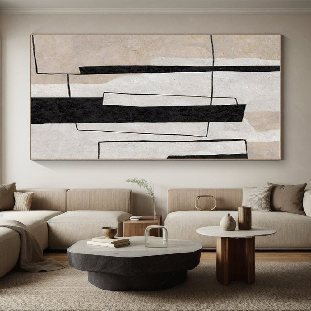 Modern Art Acrylic Black, Beige, and White Geometric Abstract Art HS697