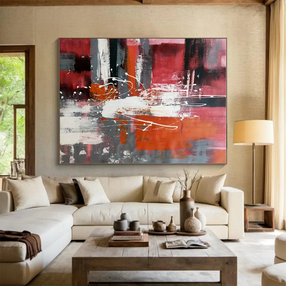 Oversized Abstract Wall Art Red, Orange & Gray Energetic Abstract Art HS400