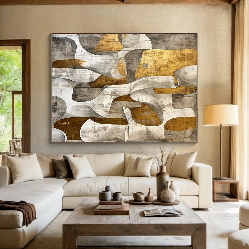 Unique Abstract Art Gray & Gold Organic Shapes, Acrylic Modern Art Painting HS204