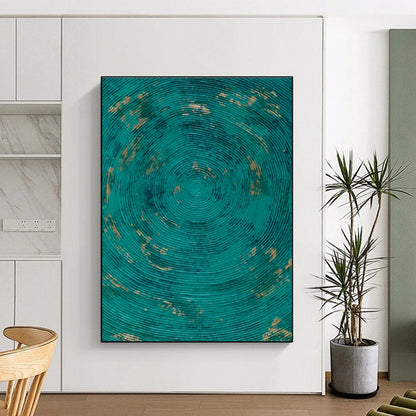 Handmade Art Teal and Gold Circular Textured Abstract Art HS615