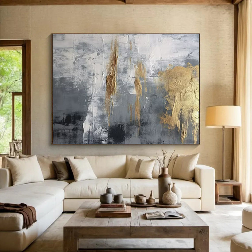 Hand Painted Art Gold, Gray, and White Textured Abstract Art HS735