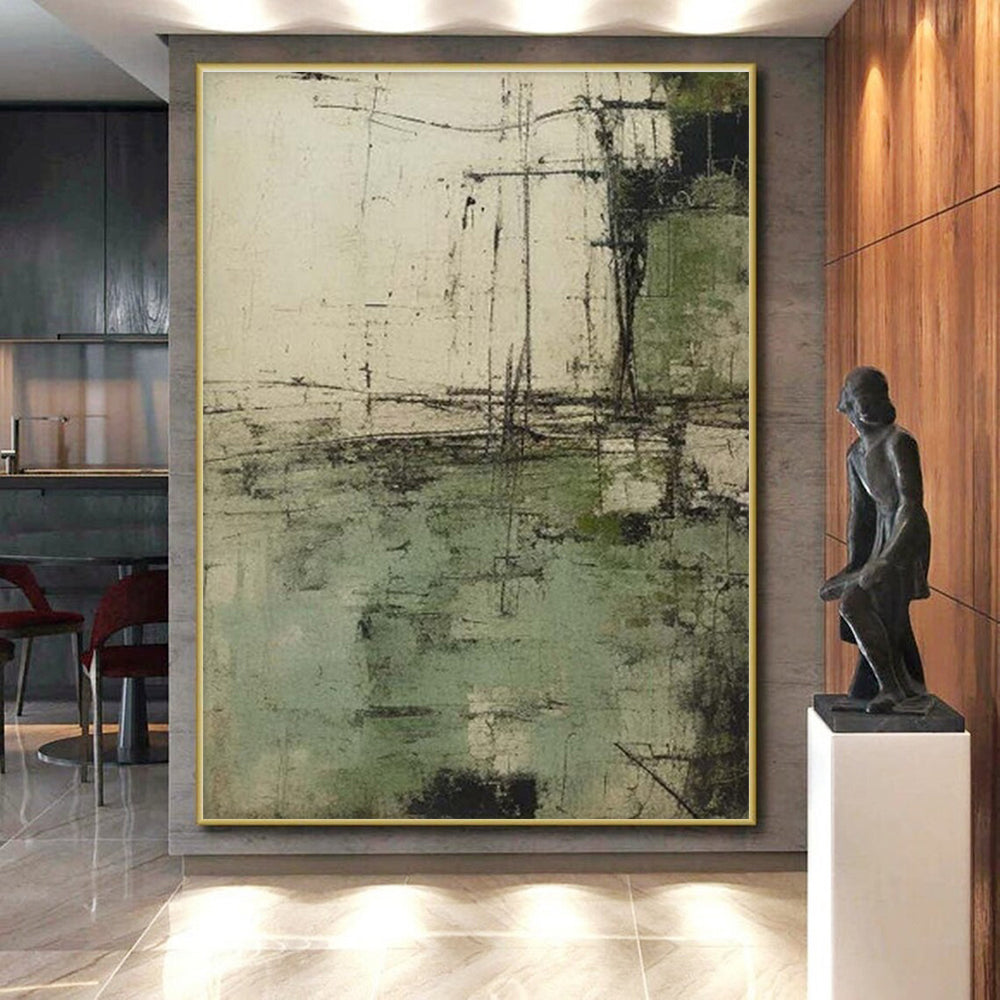 Unique Abstract Art Green & Beige Textured Abstract, Large Contemporary Wall Art HS336