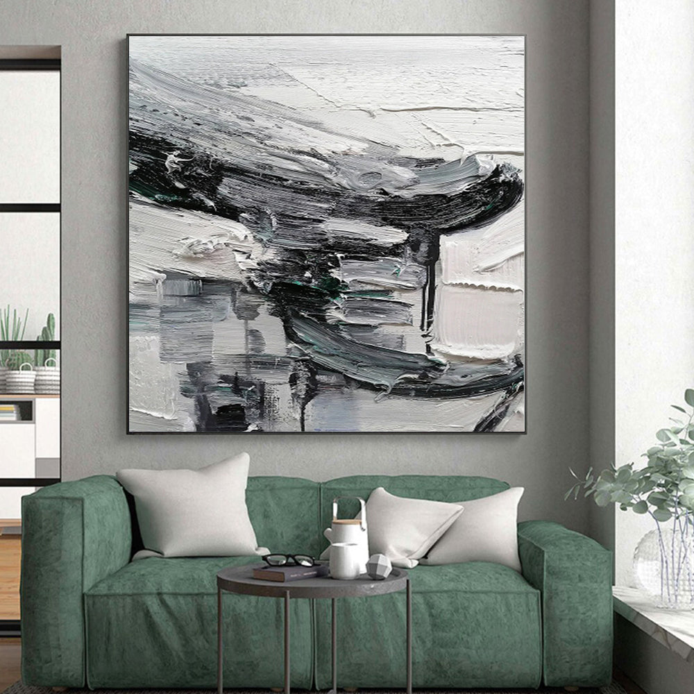 Hand-Painted Black, White, and Gray Abstract Textured Urban Painting For Sale HS059