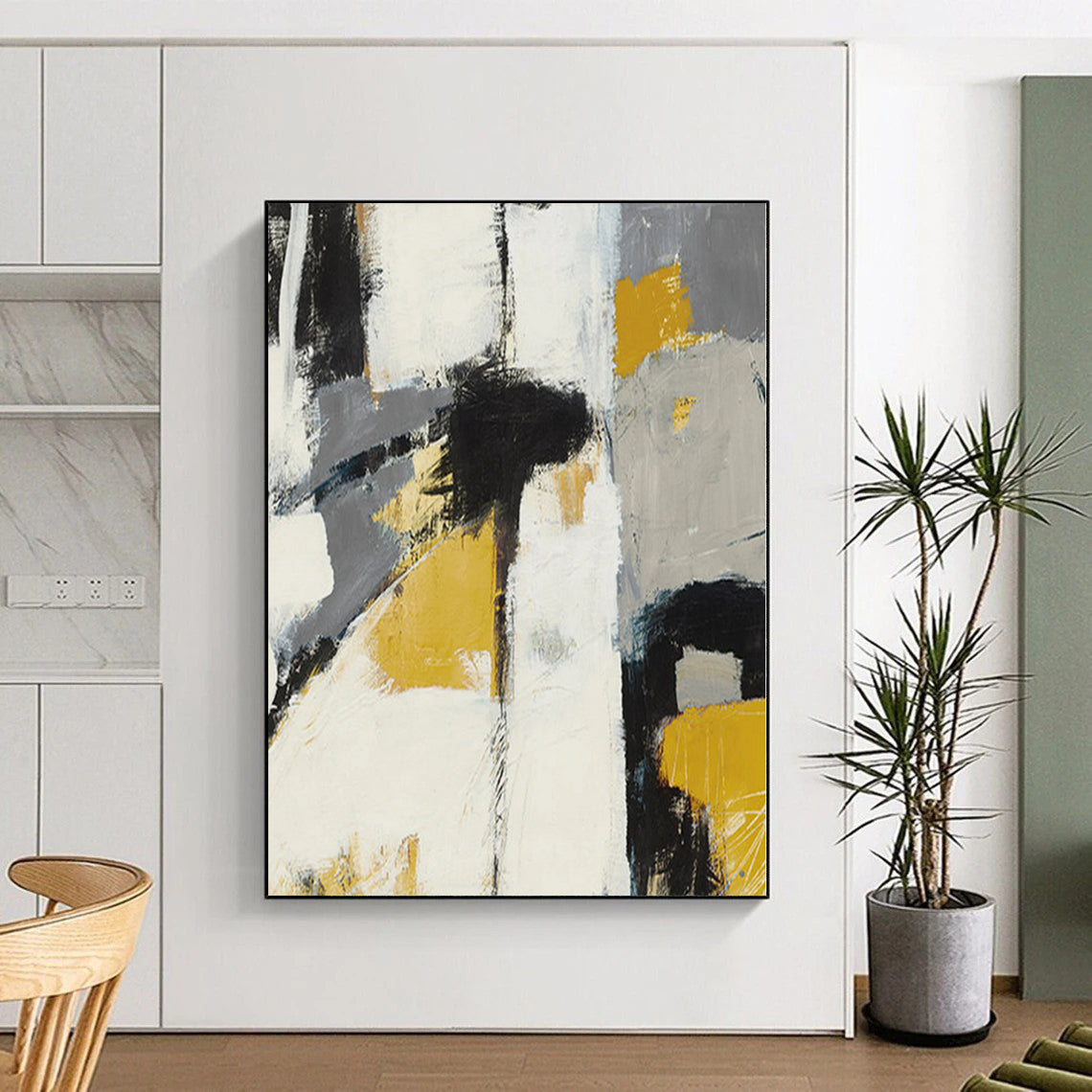 Huge Size Gray, Yellow, and Black Abstract Expressive Painting For Sale HS089