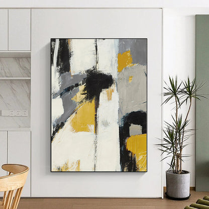 Huge Size Gray, Yellow, and Black Abstract Expressive Painting For Sale HS089