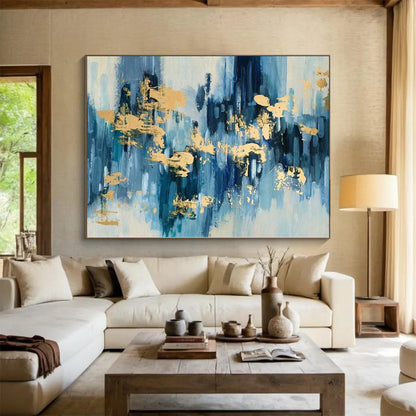 Hand-Painted Blue and Gold Abstract Water-like Textured Painting For Sale HS001