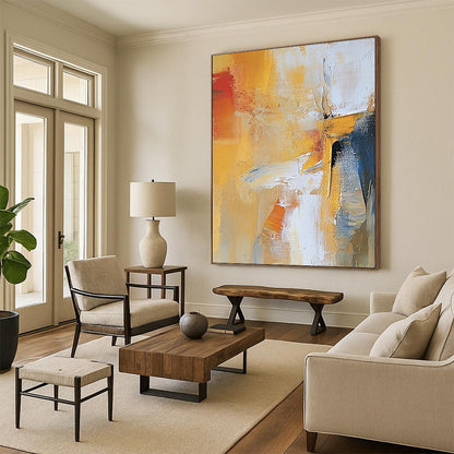 Oversized Abstract Wall Art Yellow, White, and Blue Abstract Expressive Painting For Sale HS148