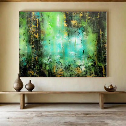 Horizontal Green and Turquoise Abstract Forest Scene, Abstract Acrylic Painting WB161