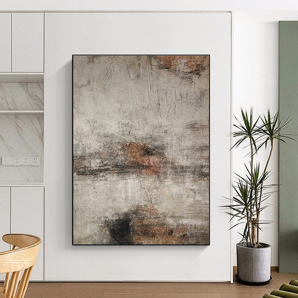 Large Painting In Living Room Gray, Brown, and Black Textured Abstract Art HS629