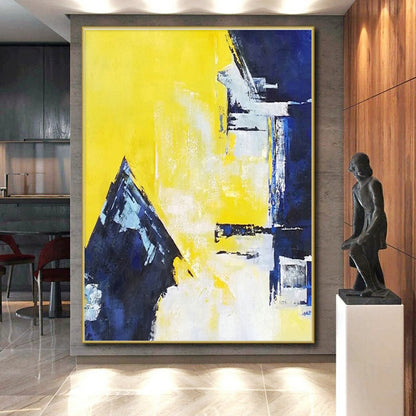 Unique Abstract Art Yellow & Blue Geometric Abstract, Large Contemporary Wall Art HS353