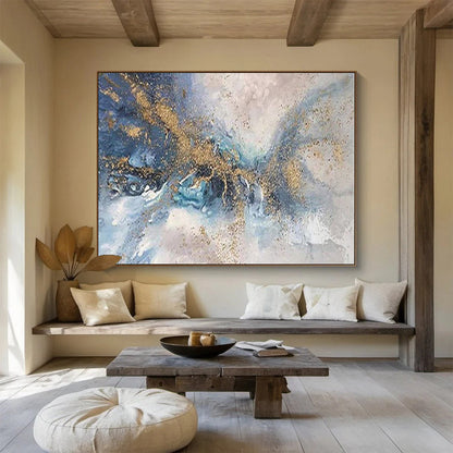 Big Size Blue, Gray and Gold Abstract Fluid Painting WB155