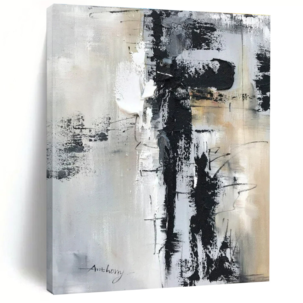 Large Contemporary Wall Art Black, White, and Neutral Textured Abstract HS587