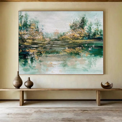 Contemporary Abstract Painting: Green and Beige Forest Lake Abstract Painting WB346