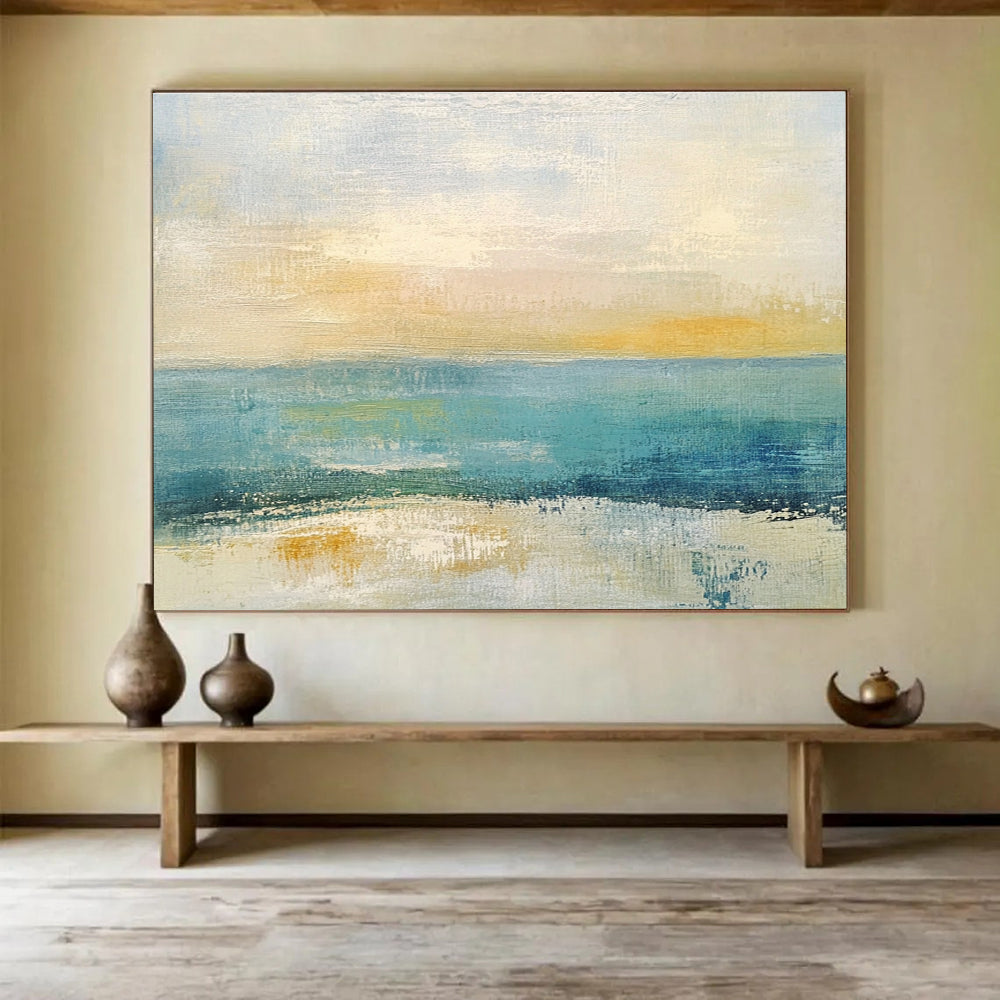 Oversized Canvas Art Blue, Yellow, and White Abstract Coastal Scene - Acrylic Painting WB273